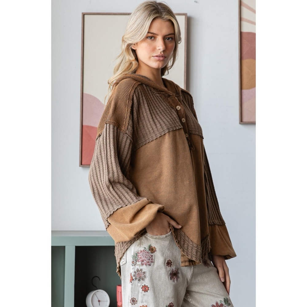 Oli & Hali Camel + Chocolate Two Tone Oversized Hooded Henley Pullover - Picture 4 of 7